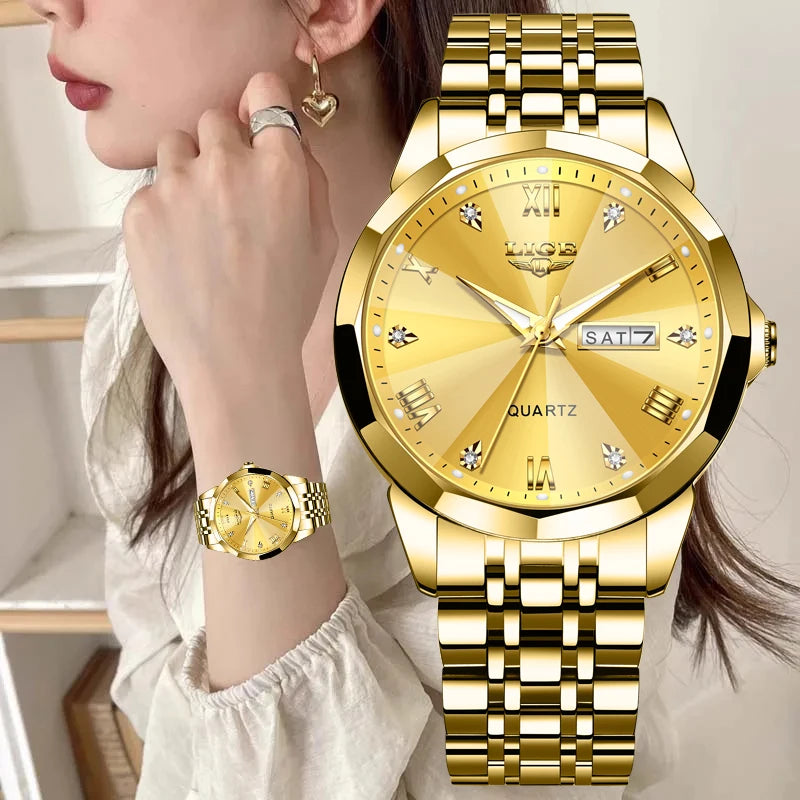 Montre de luxe pour femme, élégance Or, bracelet en acier
