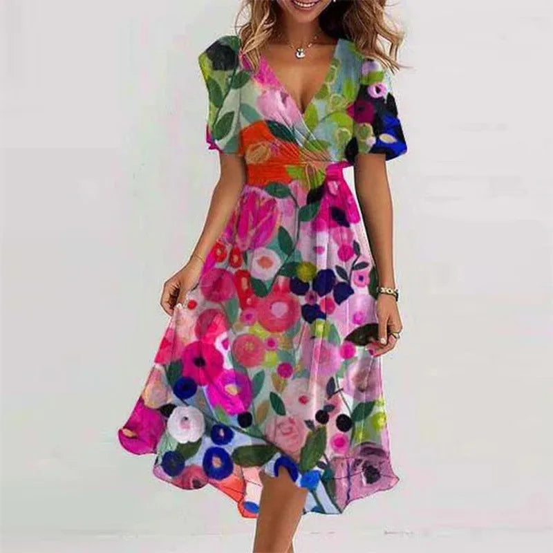 Robe mi-longue à Motifs Floraux - Élégance et Confort décontracté