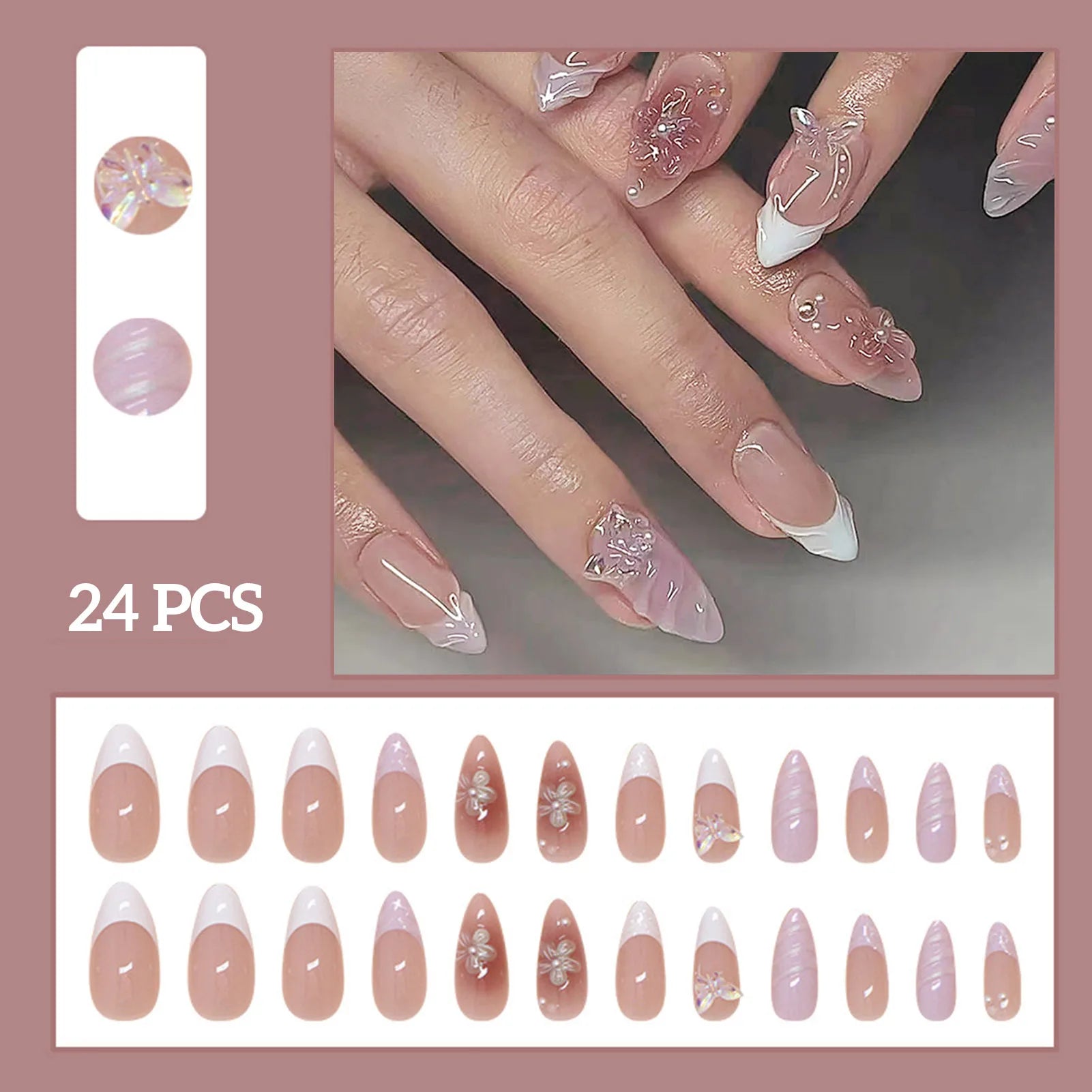 24pcs White Flower Fake Nail Tips Ins Yellow Pink Blush False Nails Wearable Full Cover European Almond Shaped Press on Nails
