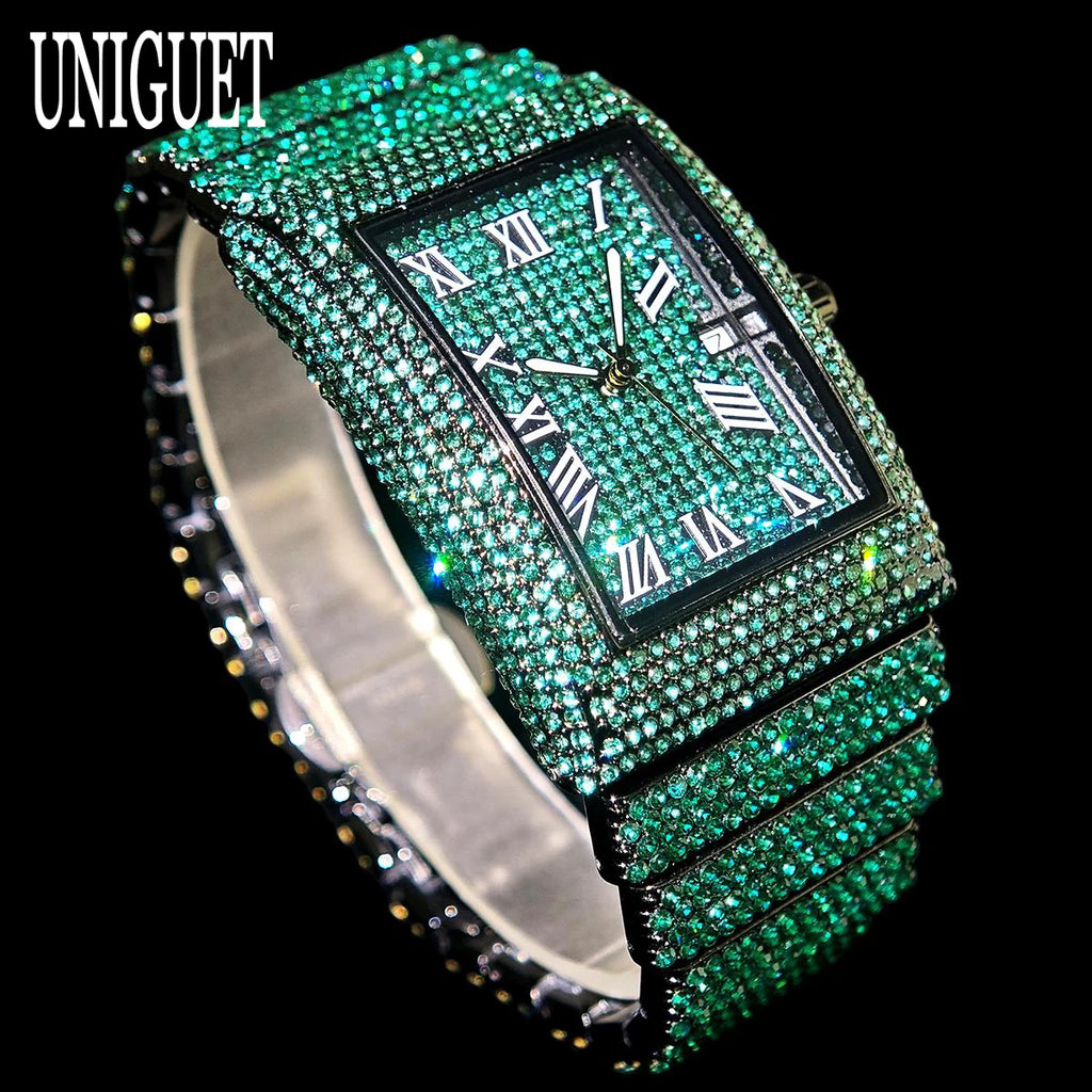 Green Diamond Watch Men Fashion Brand UNIGUET Hip Hop Full Ice Out Clock Man's  Rectangle Wristwatch For Man Rlógios Masculino
