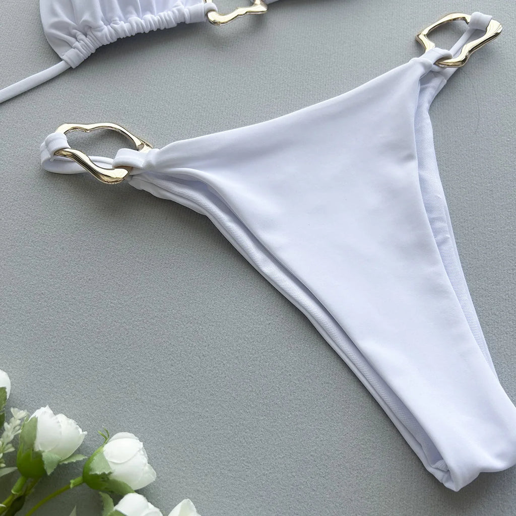 New Sexy Bikini Solid Color Lace-up Split Two-piece Swimsuit for Women