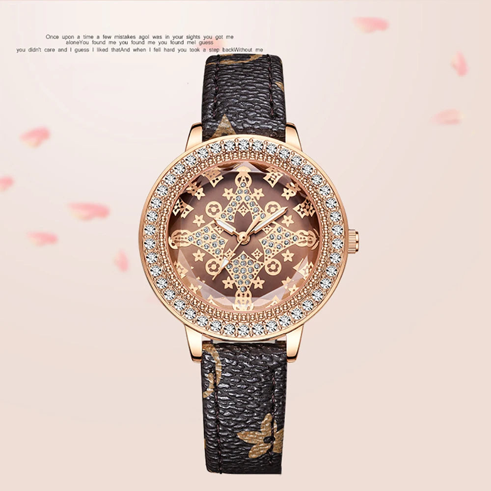 Montre femme, trèfle Chanceux, Cadran effet diamant et bracelet cuir