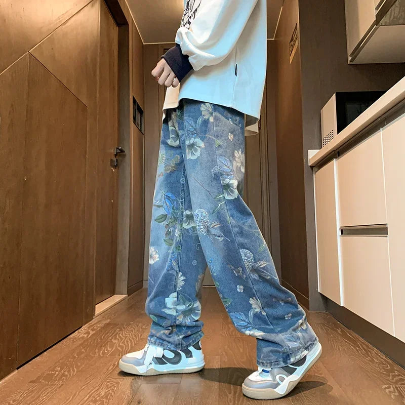 Jean - Baggy vintage - Motif floral, style Hip Hop et Streetwear