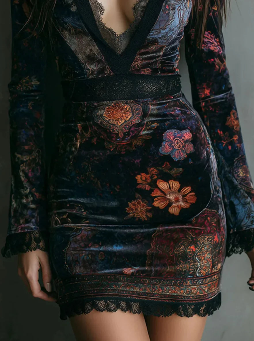 Robe Courte - Motifs Floraux - Patchwork de Dentelle Élégant en Velours
