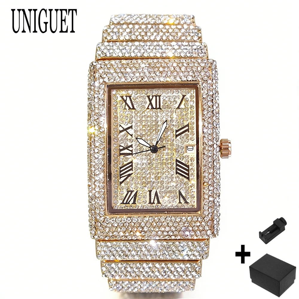 Green Diamond Watch Men Fashion Brand UNIGUET Hip Hop Full Ice Out Clock Men's Rectangle Wristwatch For Men Relógios Masculino