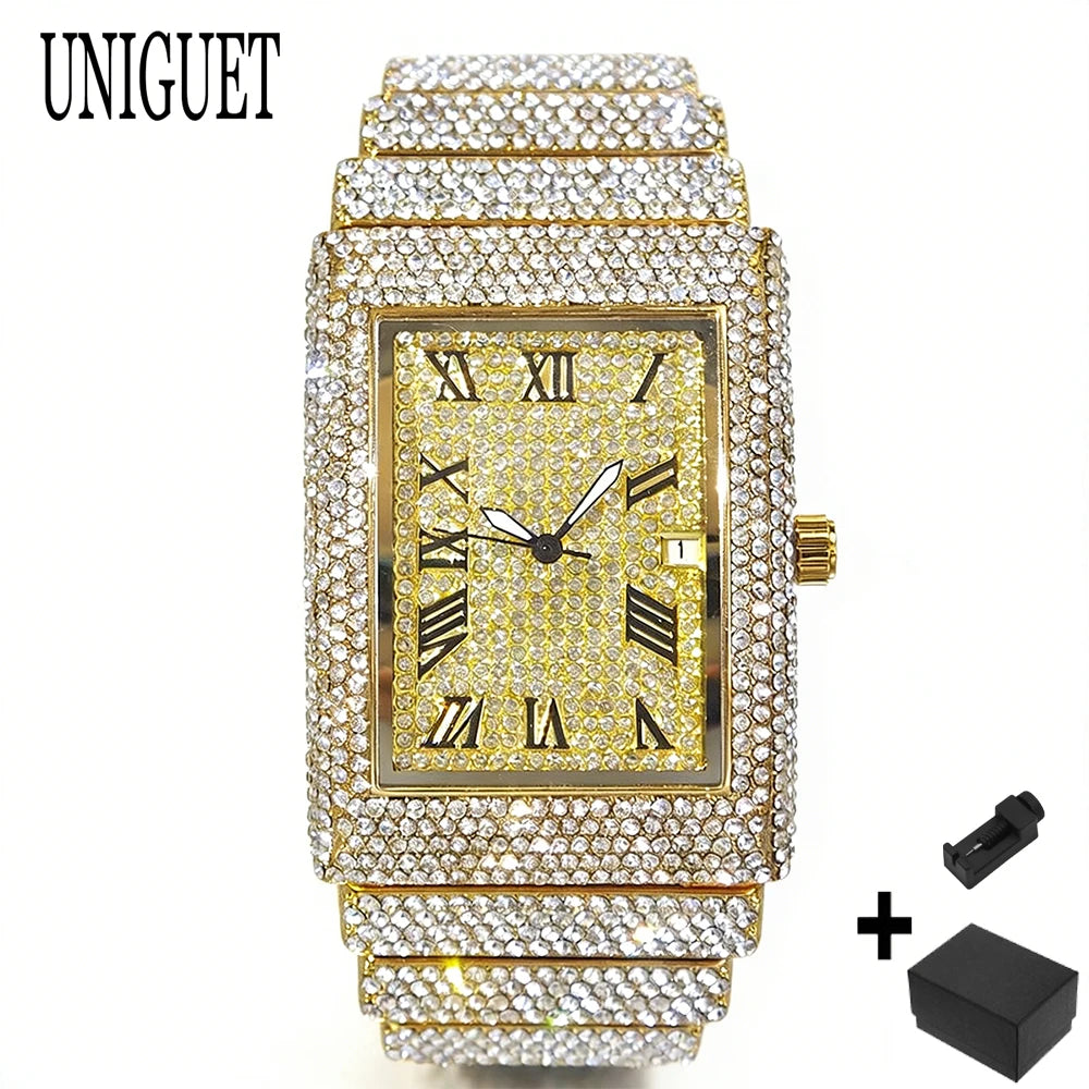 Green Diamond Watch Men Fashion Brand UNIGUET Hip Hop Full Ice Out Clock Man's  Rectangle Wristwatch For Man Rlógios Masculino