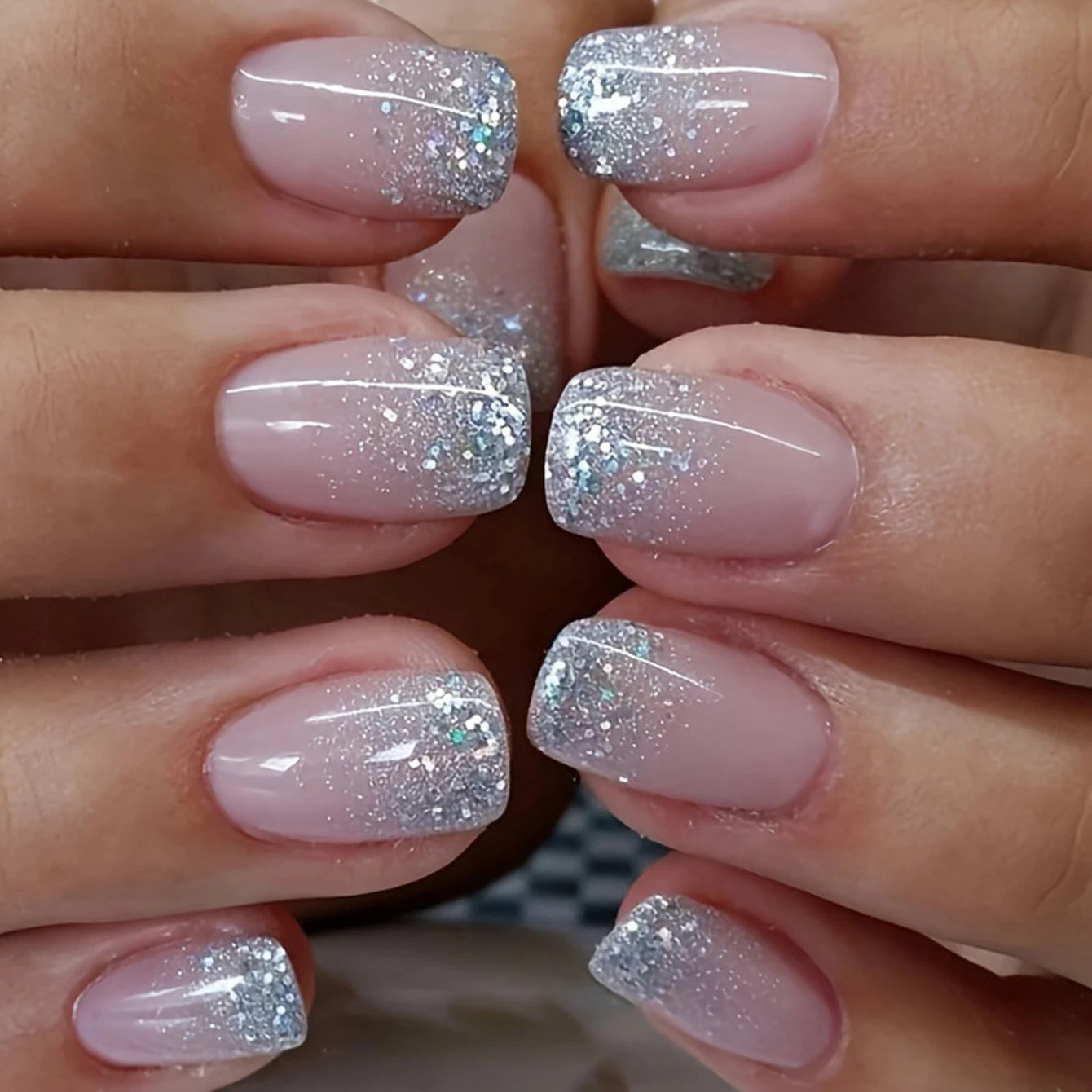 24PCS Pink Glitter French Press-On Nails Short Almond False Nails Glitter Full Cover Gloss Reusable  Nails for Women