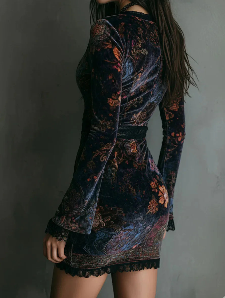 Robe Courte - Motifs Floraux - Patchwork de Dentelle Élégant en Velours