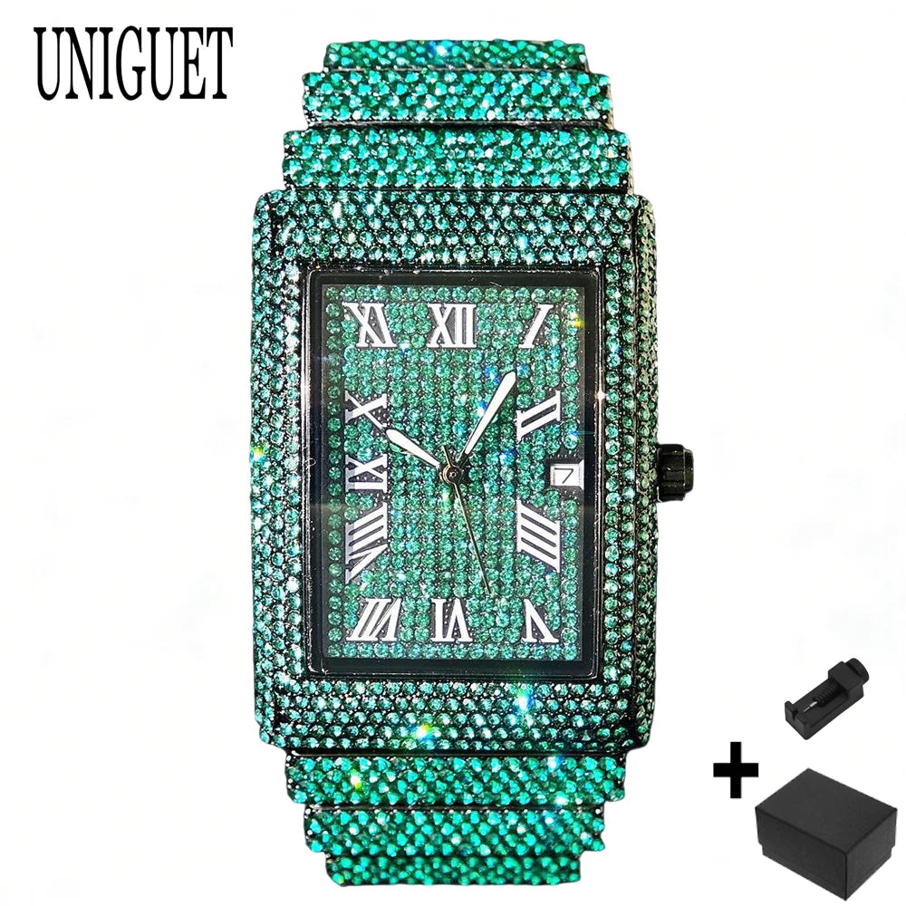 Green Diamond Watch Men Fashion Brand UNIGUET Hip Hop Full Ice Out Clock Men's Rectangle Wristwatch For Men Relógios Masculino