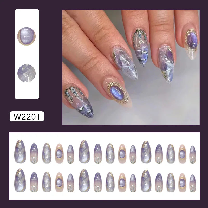 24pcs White Flower Fake Nail Tips Ins Yellow Pink Blush False Nails Wearable Full Cover European Almond Shaped Press on Nails
