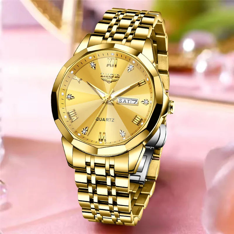 Montre de luxe pour femme, élégance Or, bracelet en acier