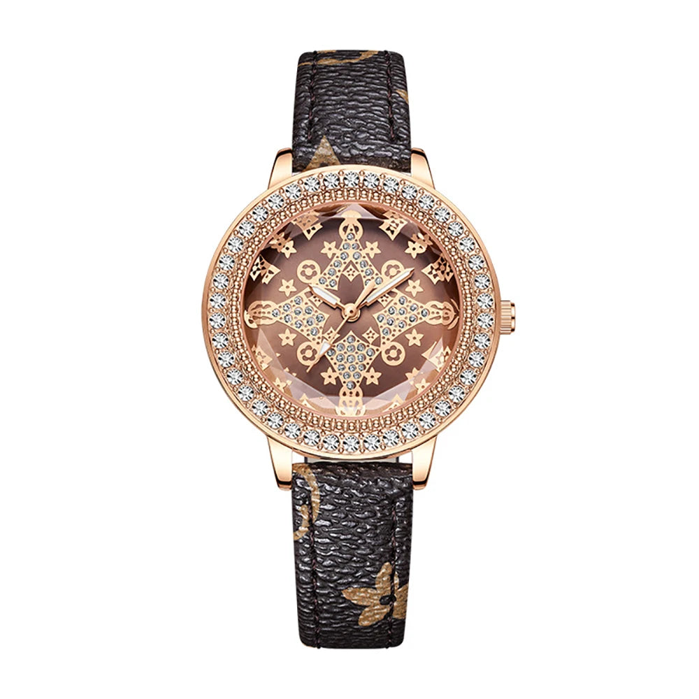 Montre femme, trèfle Chanceux, Cadran effet diamant et bracelet cuir