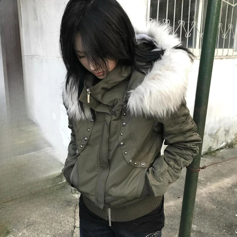 Gothic American Vintage Pure Color Slim Zip Up Hoodie Women 2000s Y2k Autumn Winter Subculture Hooded Sweatshirt Harajuku Coat