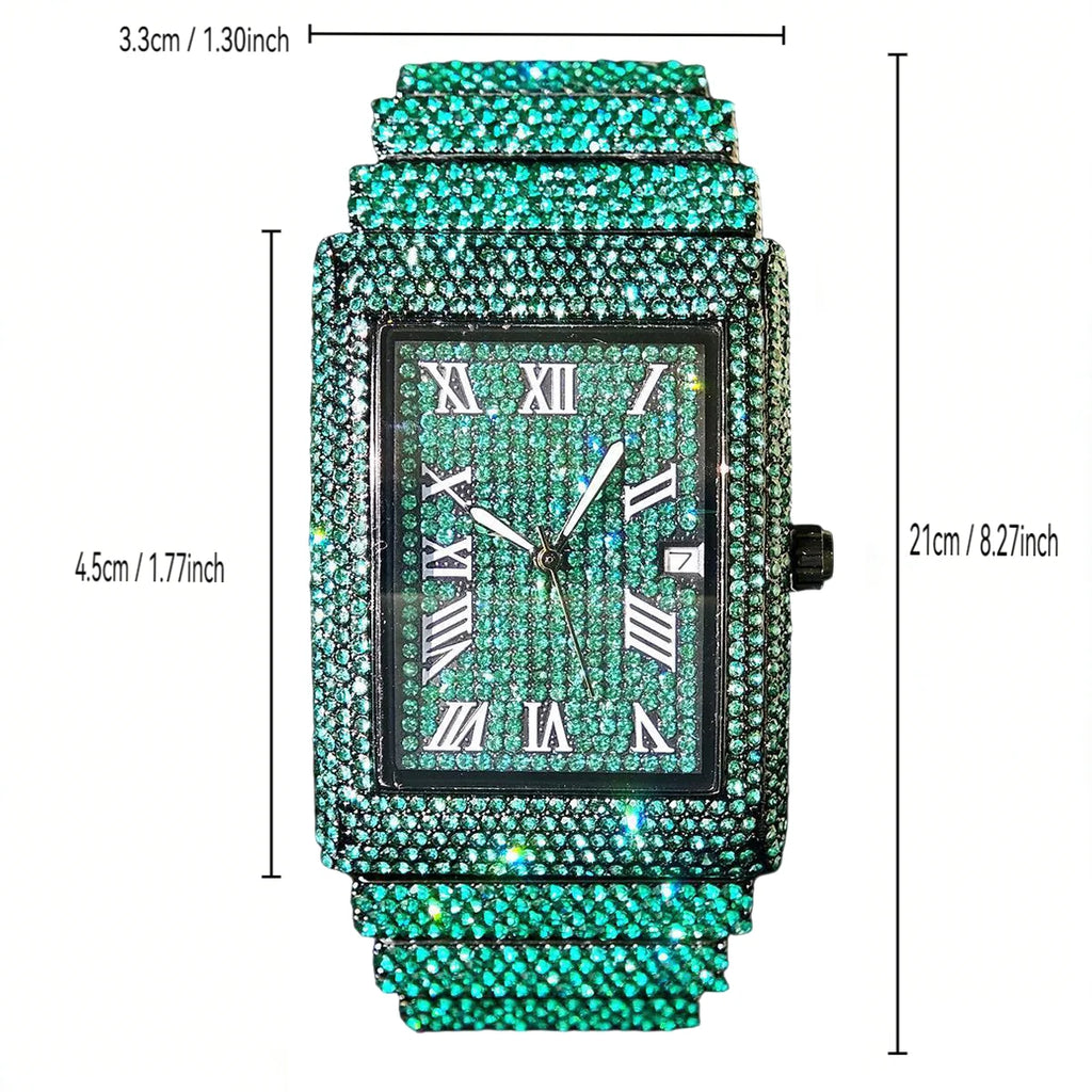 Green Diamond Watch Men Fashion Brand UNIGUET Hip Hop Full Ice Out Clock Man's  Rectangle Wristwatch For Man Rlógios Masculino
