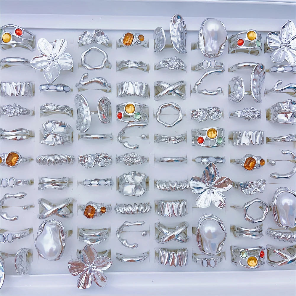 20Pcs Unique Flower Heart Irregular Hollow Rings For Women Mix Style Colorful Rhinestones Jewelry Party Gifts