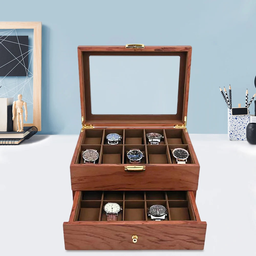 Coffret de rangement de luxe pour montres, édition 2 niveaux avec tiroir, pour 20 montres