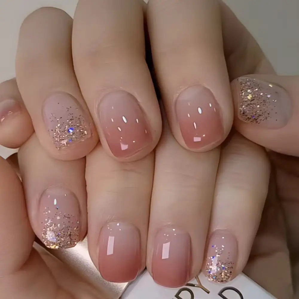 24PCS Pink Glitter French Press-On Nails Short Almond False Nails Glitter Full Cover Gloss Reusable  Nails for Women