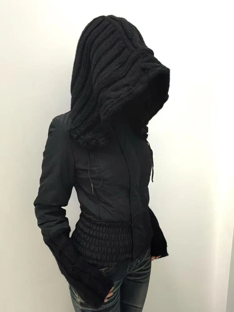 Gothic American Vintage Pure Color Slim Zip Up Hoodie Women 2000s Y2k Autumn Winter Subculture Hooded Sweatshirt Harajuku Coat