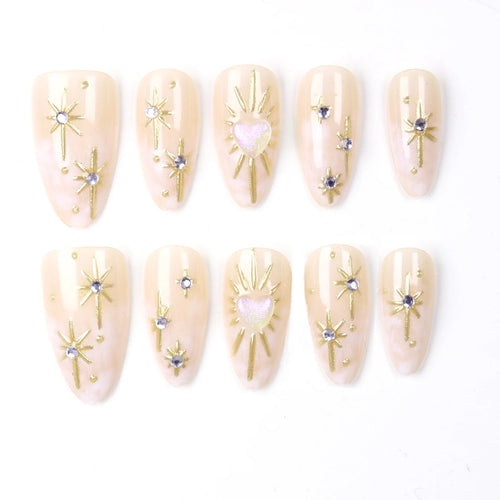 10PCS 3D Sun Star Gold Nail Almond Short Gold Charm Design Reusable Acrylic Fake Nails for Women And Girls As gifts