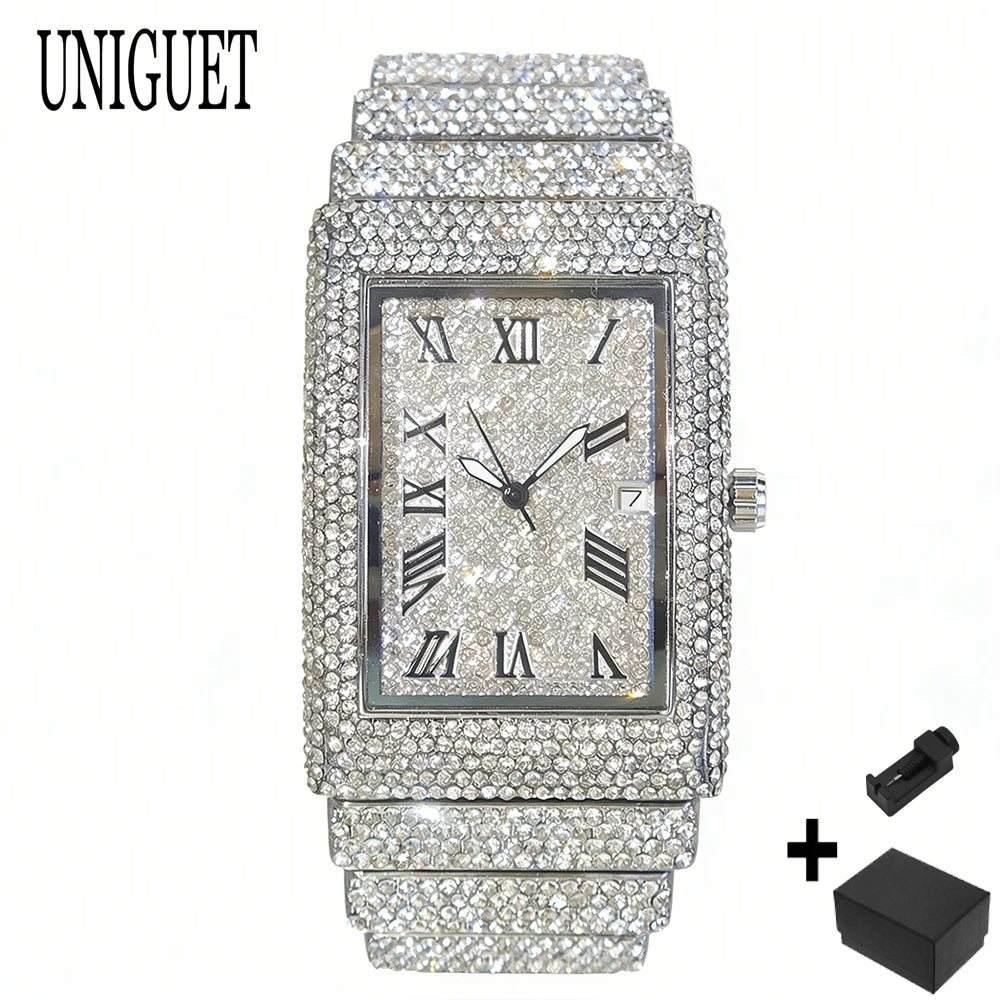 Green Diamond Watch Men Fashion Brand UNIGUET Hip Hop Full Ice Out Clock Men's Rectangle Wristwatch For Men Relógios Masculino