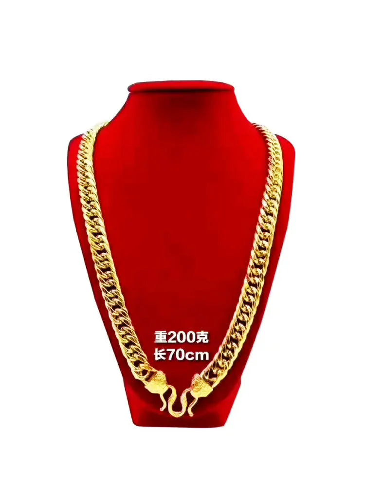 9999 24K real gold jewelry men's necklace snake bone boss chain flat Fu character buckle horsewhip necklace
