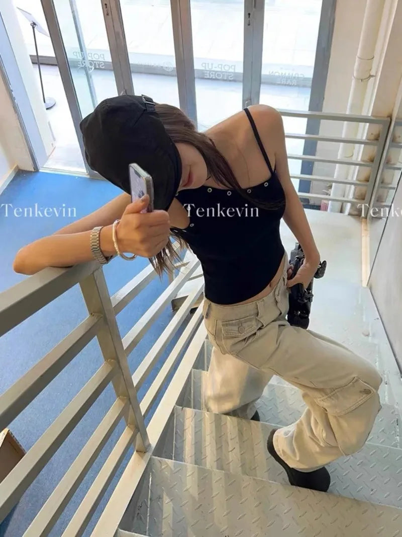 Design Sense Niche Slim Shoulder Slim Sling Summer Slim Chic Shoulder Vest Women Y2k Tops