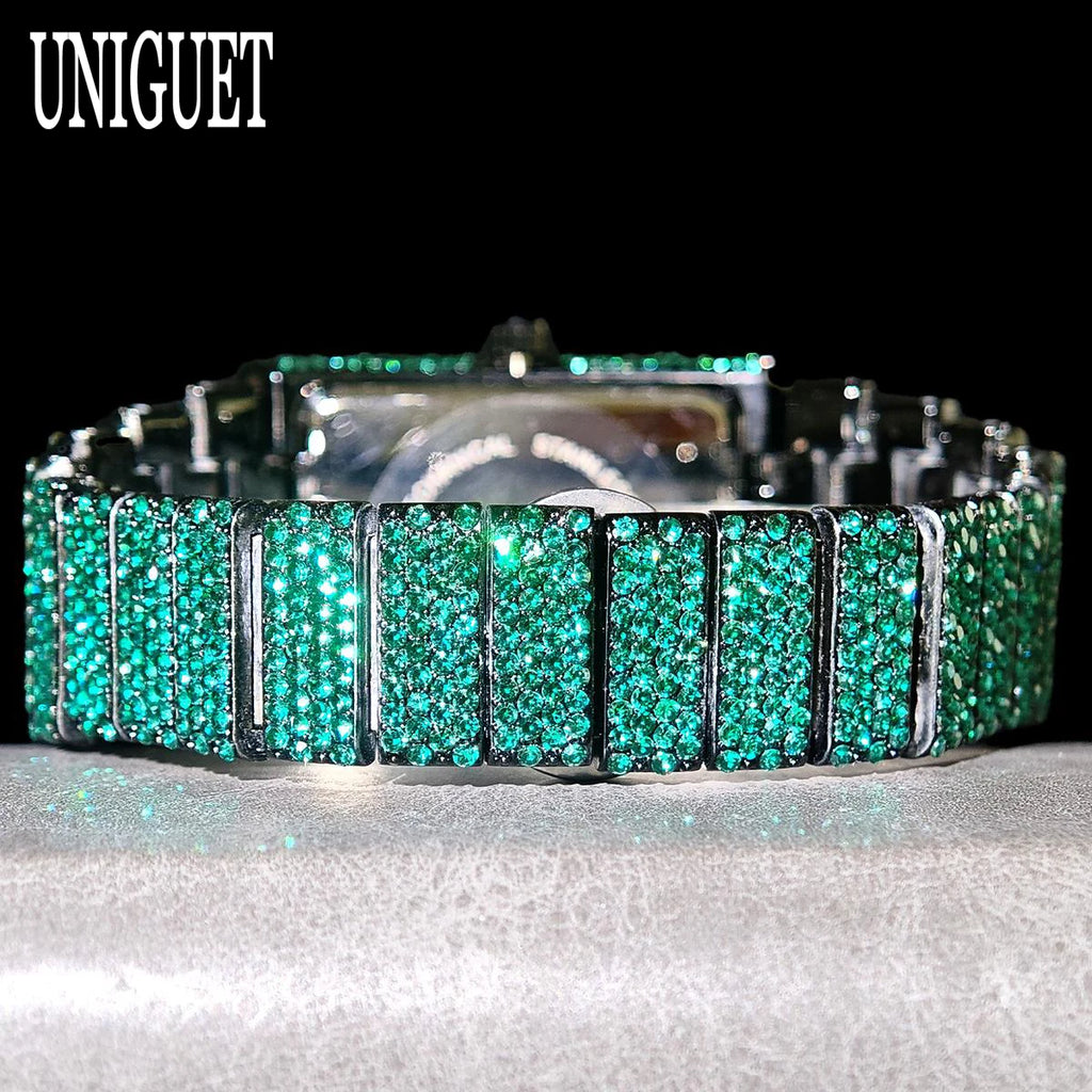 Green Diamond Watch Men Fashion Brand UNIGUET Hip Hop Full Ice Out Clock Man's  Rectangle Wristwatch For Man Rlógios Masculino