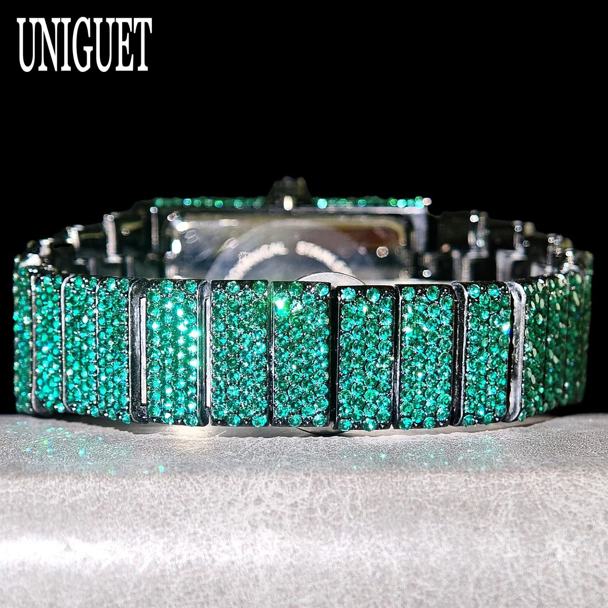Green Diamond Watch Men Fashion Brand UNIGUET Hip Hop Full Ice Out Clock Man's  Rectangle Wristwatch For Man Rlógios Masculino
