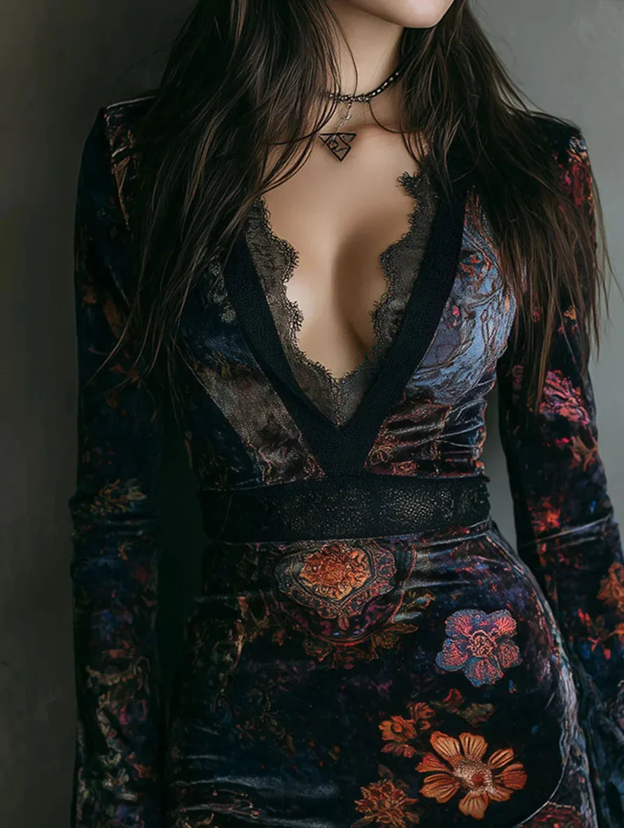 Robe Courte - Motifs Floraux - Patchwork de Dentelle Élégant en Velours