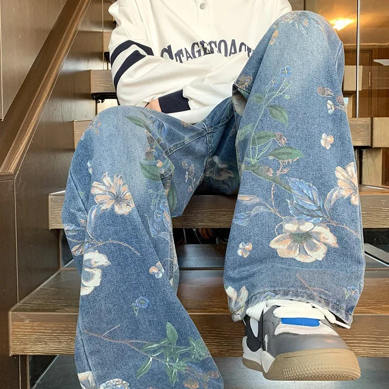 Jean - Baggy vintage - Motif floral, style Hip Hop et Streetwear
