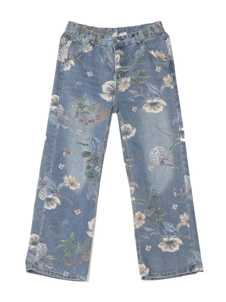 Jean - Baggy vintage - Motif floral, style Hip Hop et Streetwear