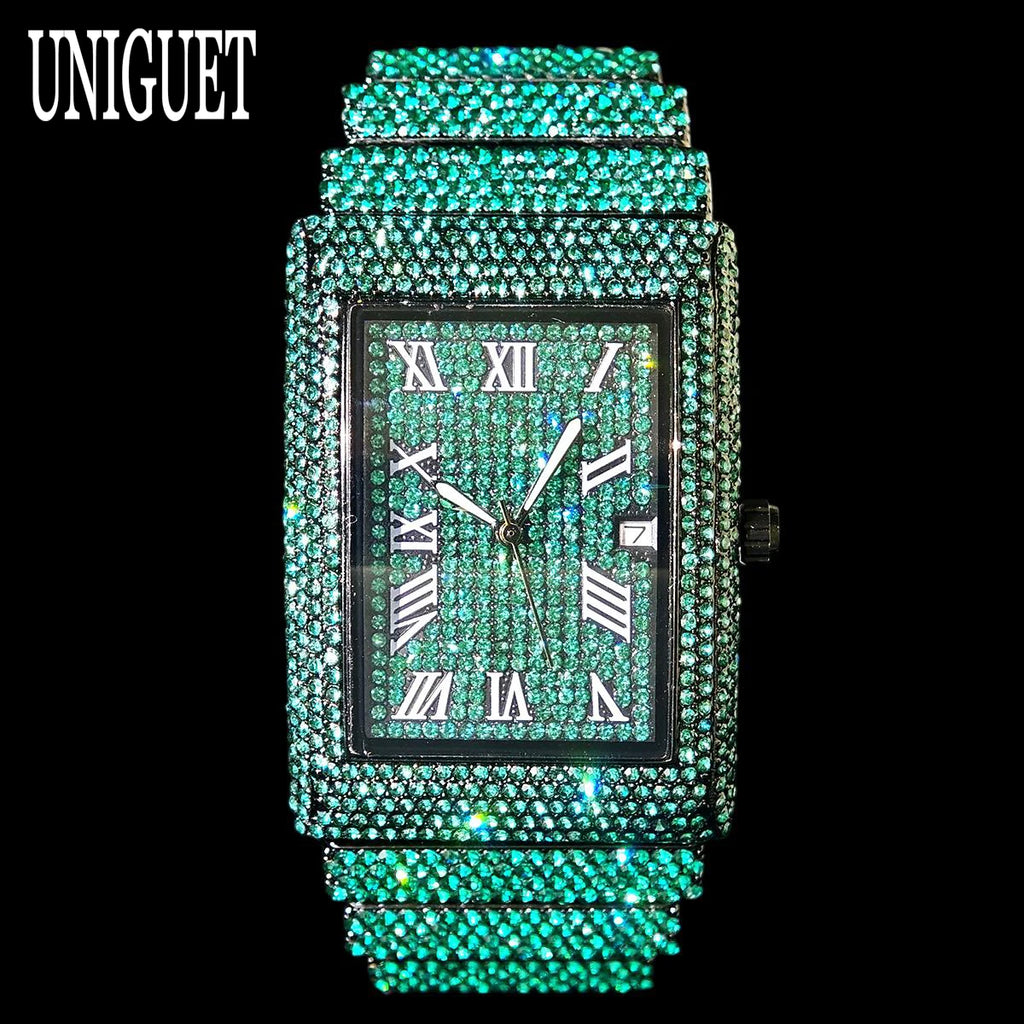 Green Diamond Watch Men Fashion Brand UNIGUET Hip Hop Full Ice Out Clock Man's  Rectangle Wristwatch For Man Rlógios Masculino