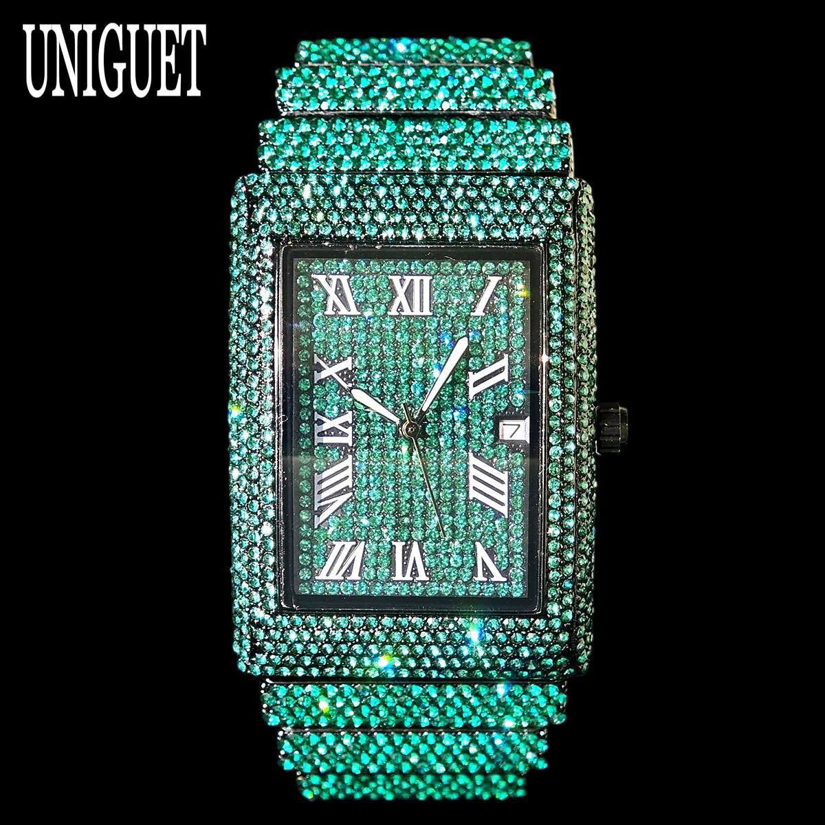 Green Diamond Watch Men Fashion Brand UNIGUET Hip Hop Full Ice Out Clock Man's  Rectangle Wristwatch For Man Rlógios Masculino