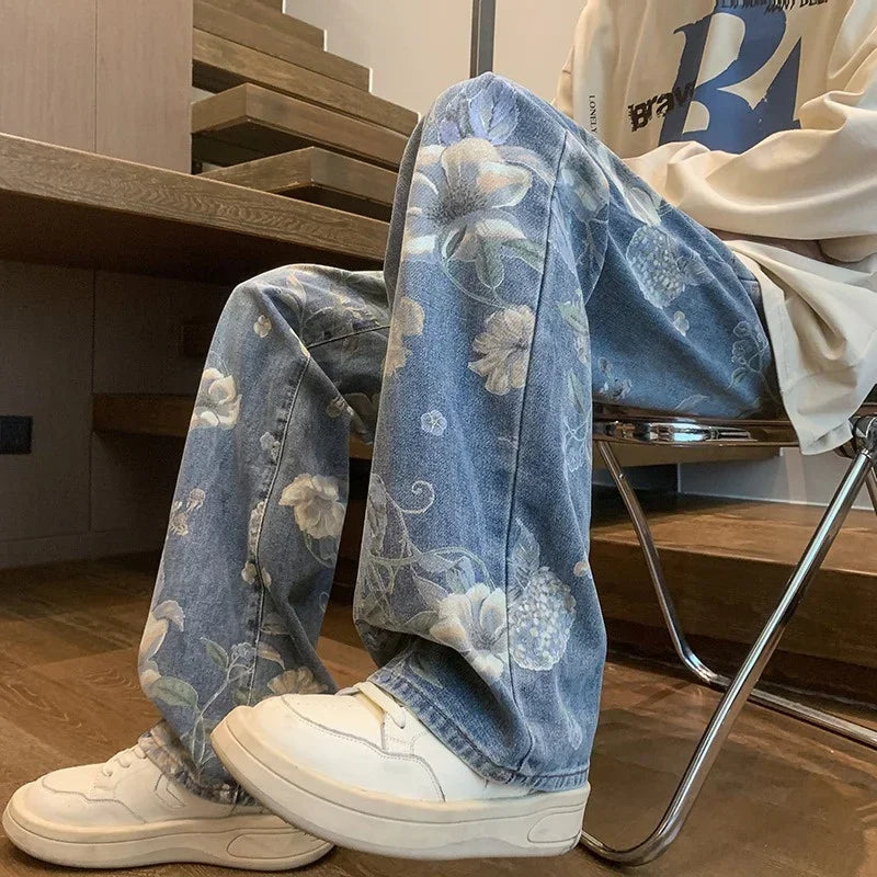 Jean - Baggy vintage - Motif floral, style Hip Hop et Streetwear