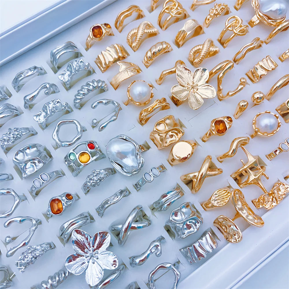 20Pcs Unique Flower Heart Irregular Hollow Rings For Women Mix Style Colorful Rhinestones Jewelry Party Gifts