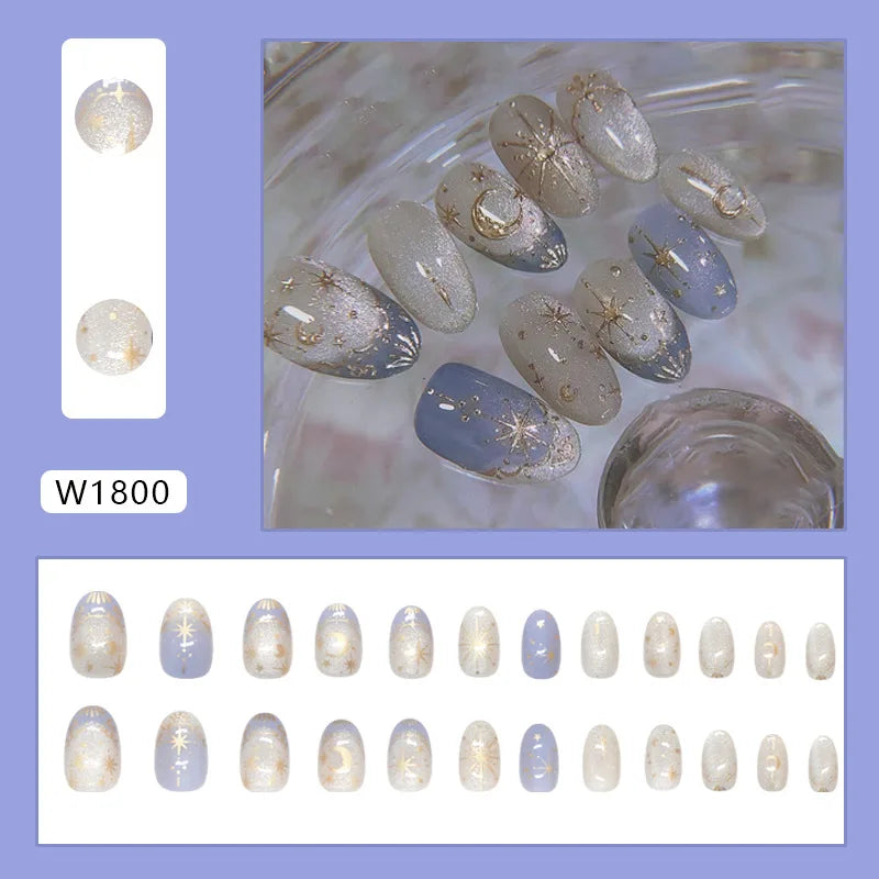 24pcs White Flower Fake Nail Tips Ins Yellow Pink Blush False Nails Wearable Full Cover European Almond Shaped Press on Nails
