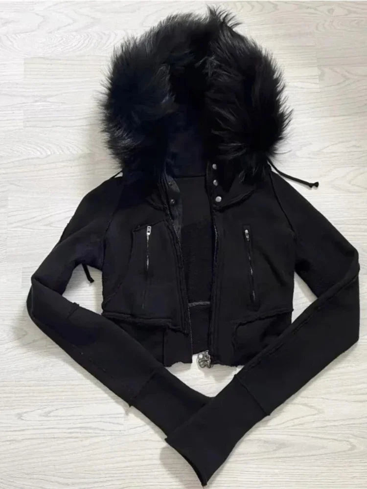 Gothic American Vintage Pure Color Slim Zip Up Hoodie Women 2000s Y2k Autumn Winter Subculture Hooded Sweatshirt Harajuku Coat