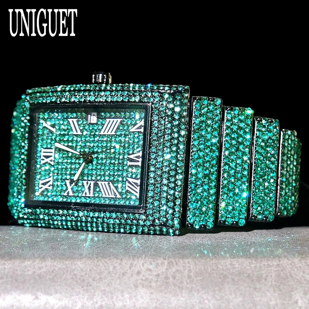 Green Diamond Watch Men Fashion Brand UNIGUET Hip Hop Full Ice Out Clock Man's  Rectangle Wristwatch For Man Rlógios Masculino