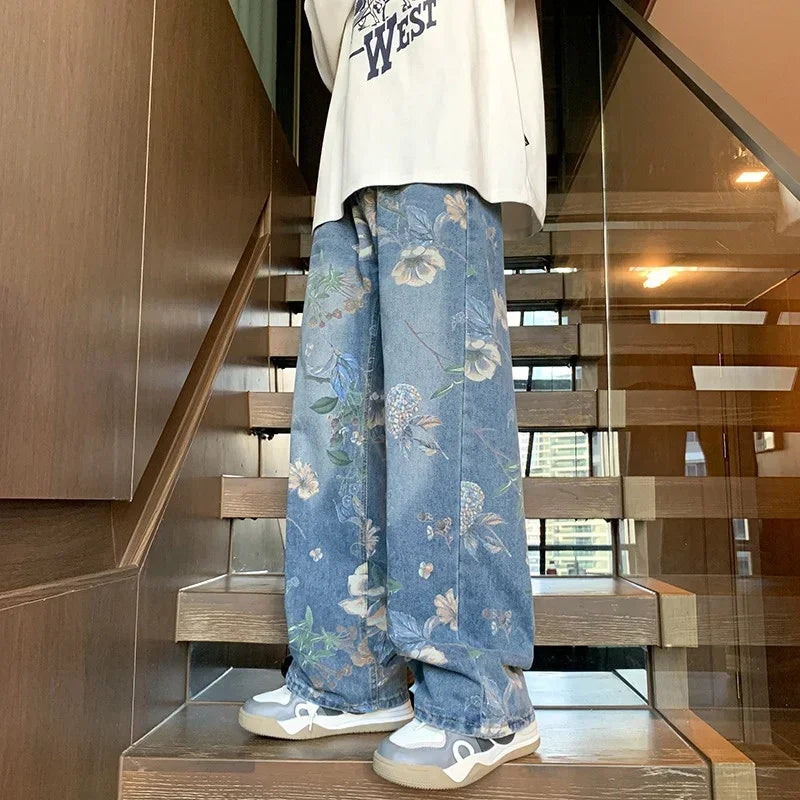Jean - Baggy vintage - Motif floral, style Hip Hop et Streetwear