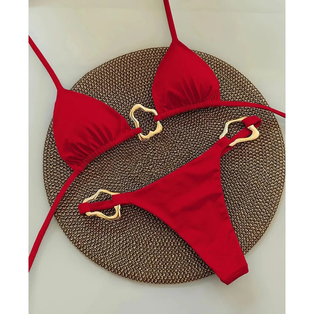 New Sexy Bikini Solid Color Lace-up Split Two-piece Swimsuit for Women