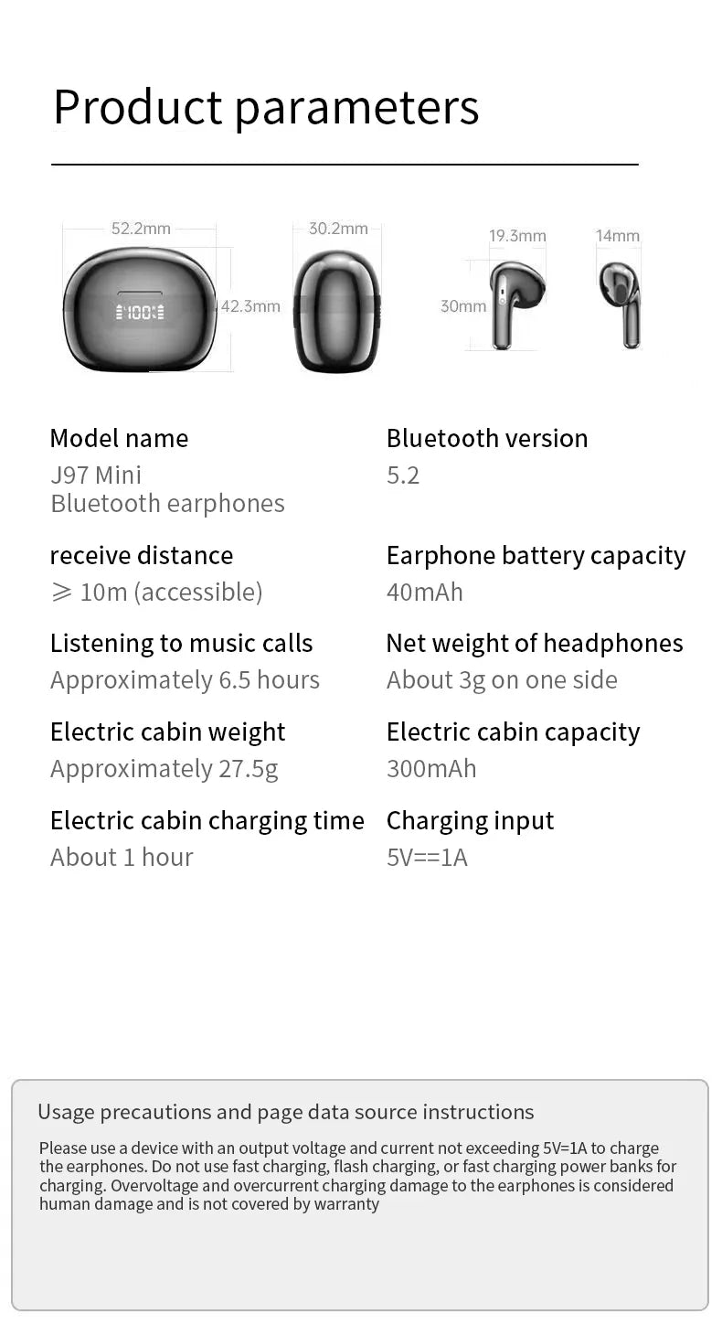 J97 TWS Bluetooth Earphone True Wireless Earbuds In-Ear Headphones Touch Control Waterproof Sports Headest With Mic For Phone