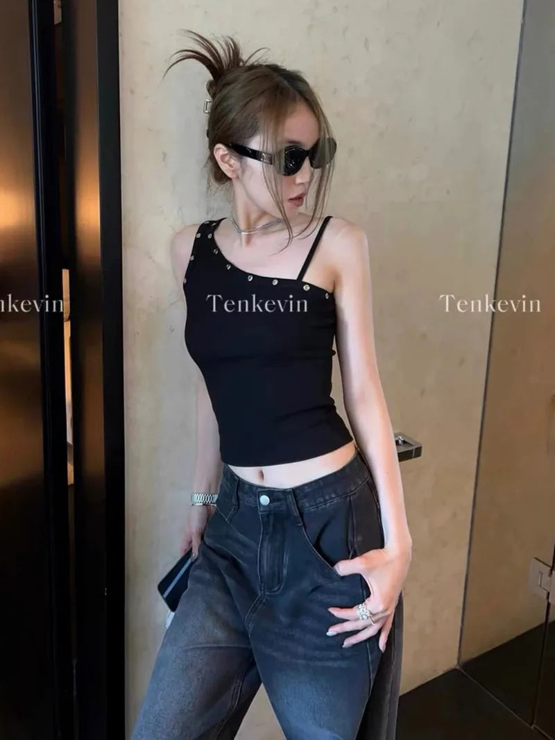 Design Sense Niche Slim Shoulder Slim Sling Summer Slim Chic Shoulder Vest Women Y2k Tops