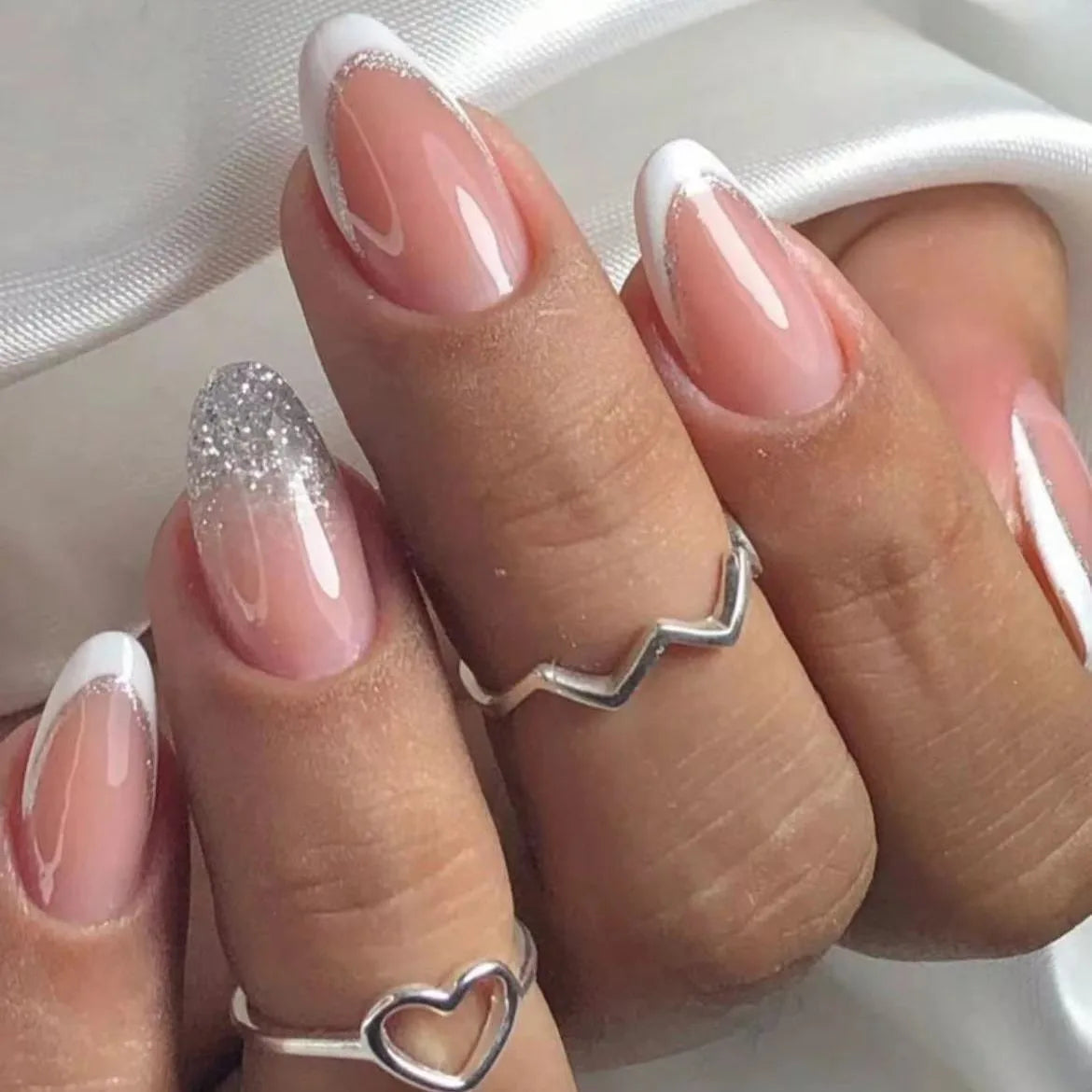 24PCS Pink Glitter French Press-On Nails Short Almond False Nails Glitter Full Cover Gloss Reusable  Nails for Women