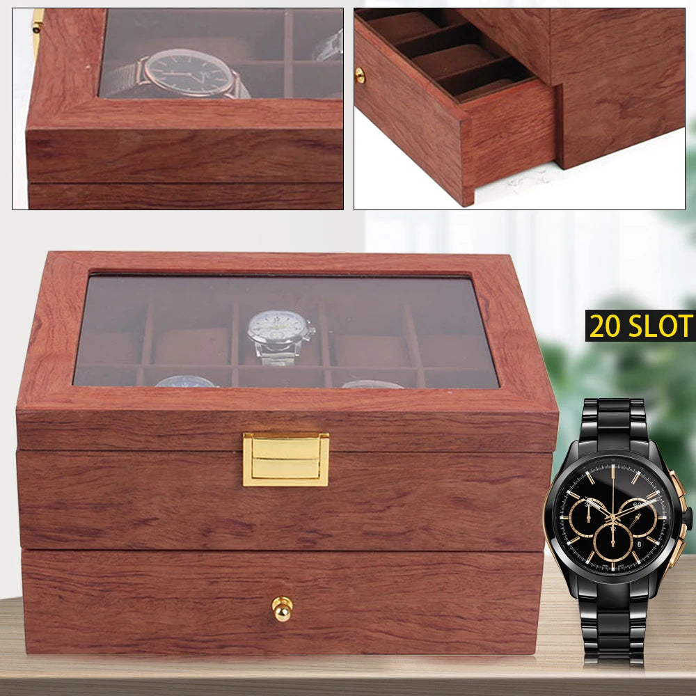 Coffret de rangement de luxe pour montres, édition 2 niveaux avec tiroir, pour 20 montres