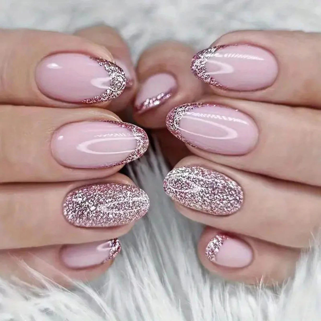 24PCS Pink Glitter French Press-On Nails Short Almond False Nails Glitter Full Cover Gloss Reusable  Nails for Women