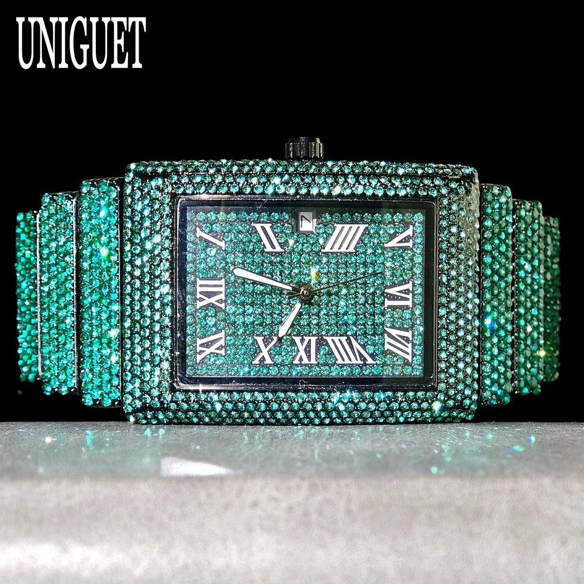 Green Diamond Watch Men Fashion Brand UNIGUET Hip Hop Full Ice Out Clock Man's  Rectangle Wristwatch For Man Rlógios Masculino
