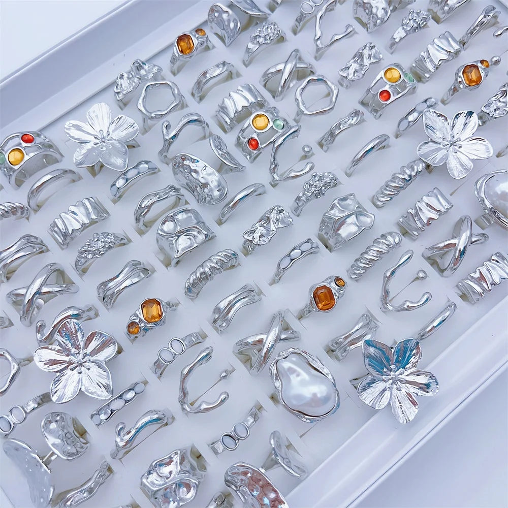 20Pcs Unique Flower Heart Irregular Hollow Rings For Women Mix Style Colorful Rhinestones Jewelry Party Gifts
