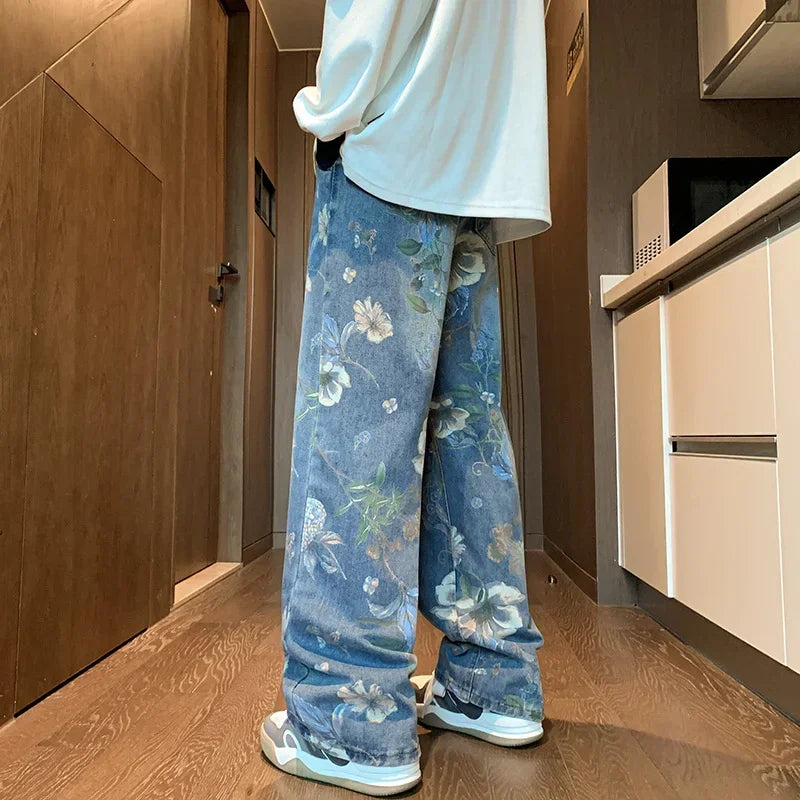 Jean - Baggy vintage - Motif floral, style Hip Hop et Streetwear