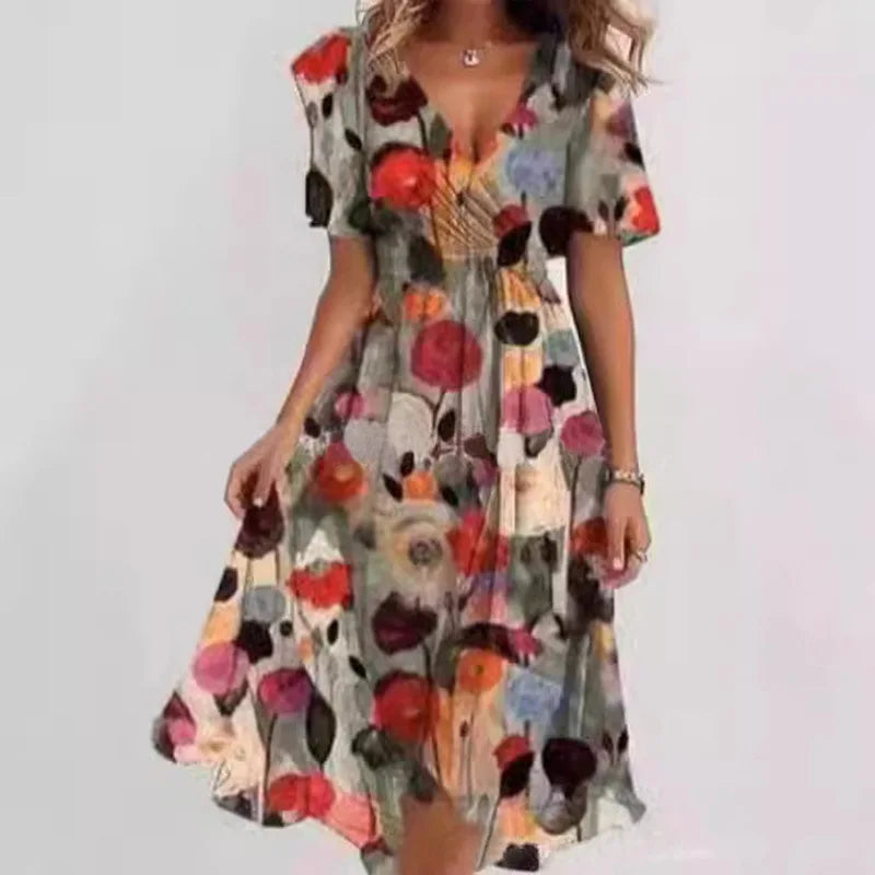 Robe mi-longue à Motifs Floraux - Élégance et Confort décontracté
