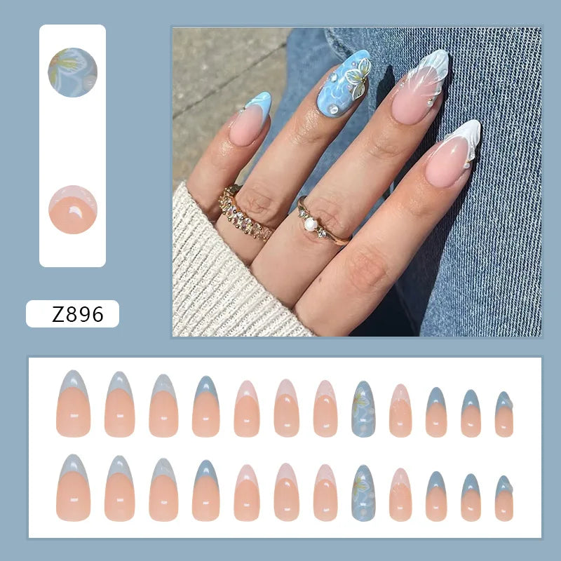 24pcs White Flower Fake Nail Tips Ins Yellow Pink Blush False Nails Wearable Full Cover European Almond Shaped Press on Nails
